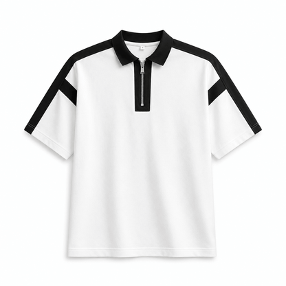 BAGGY FIT CONTRAST PANEL WHITE ZIP POLO