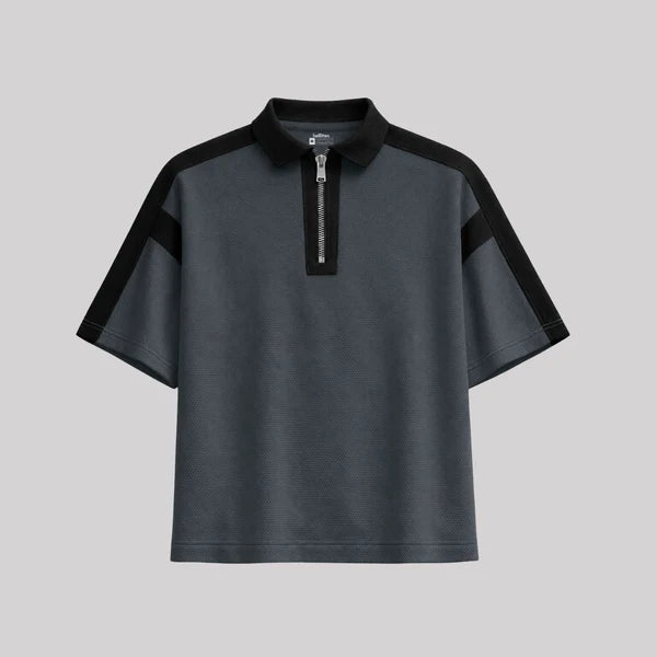 BAGGY FIT CONTRAST PANEL WHITE ZIP POLO