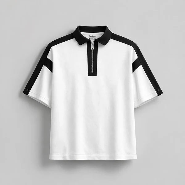 BAGGY FIT CONTRAST PANEL WHITE ZIP POLO