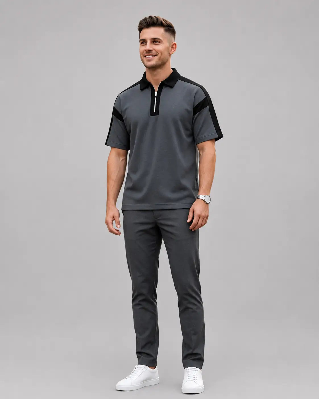 BAGGY FIT CONTRAST PANEL WHITE ZIP POLO
